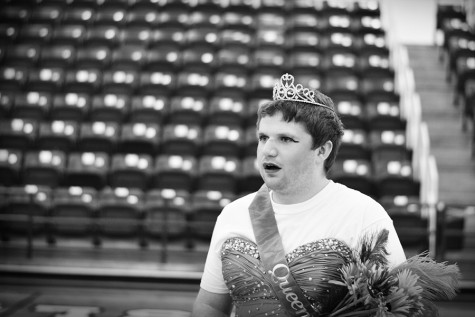 Senior Drake Cobb reacts to being robbed of his crown during the pageant skit at the talent show. 