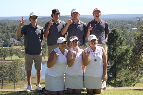 Golf team members  from left, front: Joanna Carmichael, Kensie Walker and Ashley Field. Back: Dax Hurst, Miles Gifford, Trey DePriest and Andrew McFarlin. Both teams captured district titles.